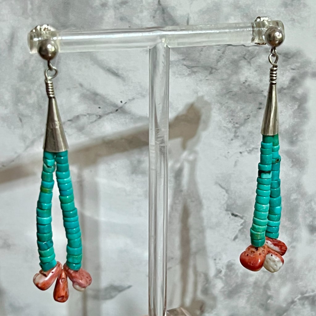 Vintage Navajo Sterling Silver Turquoise Heishi Bead Spiny Oyster Post Earrings